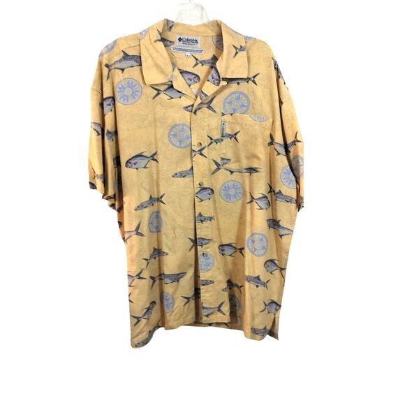 M732) Columbia Men's Ocean Fish Yellow Button Up Short Sleeve Hawaiian Shirt XL - Picture 1 of 11